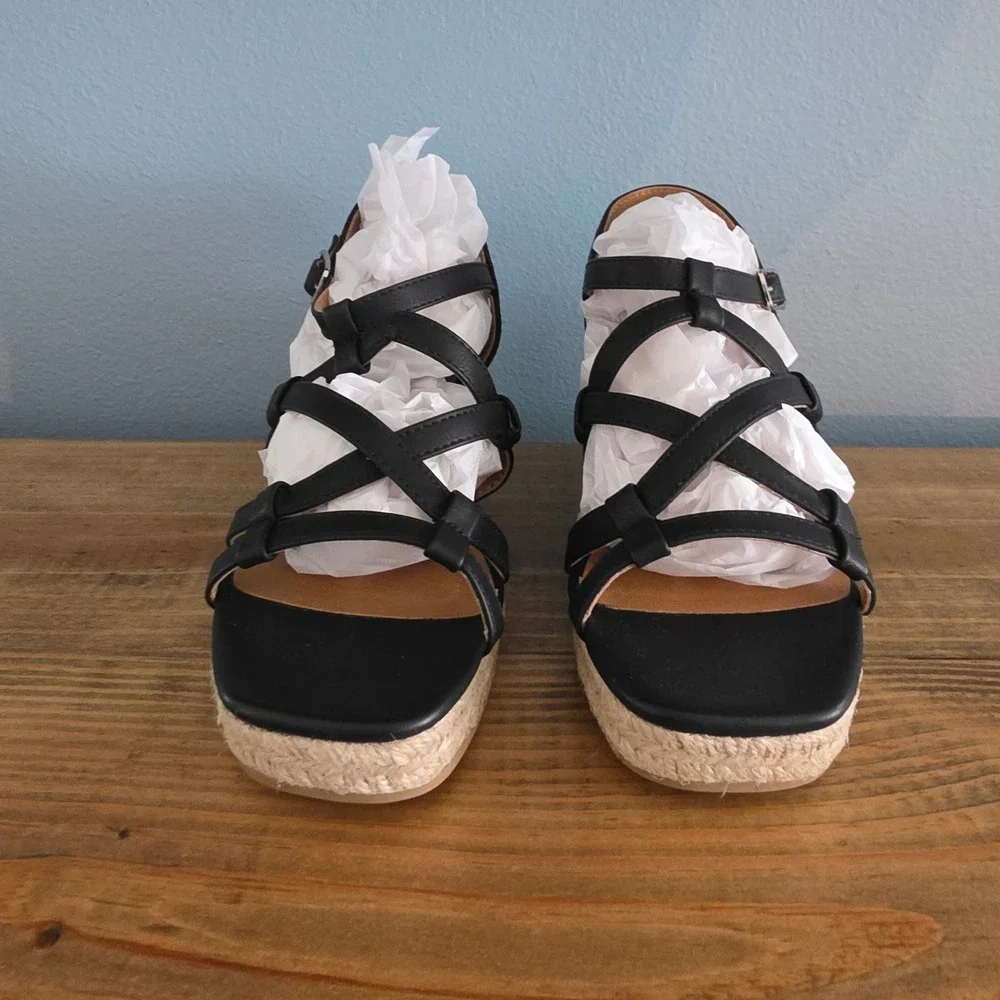 White‎ Mountain Womens Swayze Espadrille Wedge Sandal Black Strappy Buckle 6.5